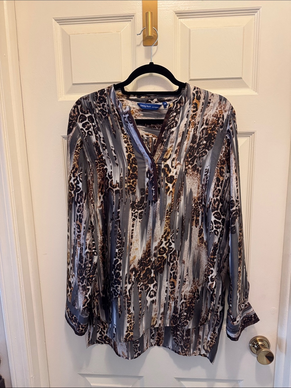 Dana Buchman Gray and Brown Animal-Print V-Neck Blouse